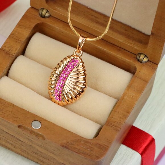 "Rose Gold Textured Pendant with Pink Stone Accent in Leaf Design, XPPT1490 - Picture 9 of 13